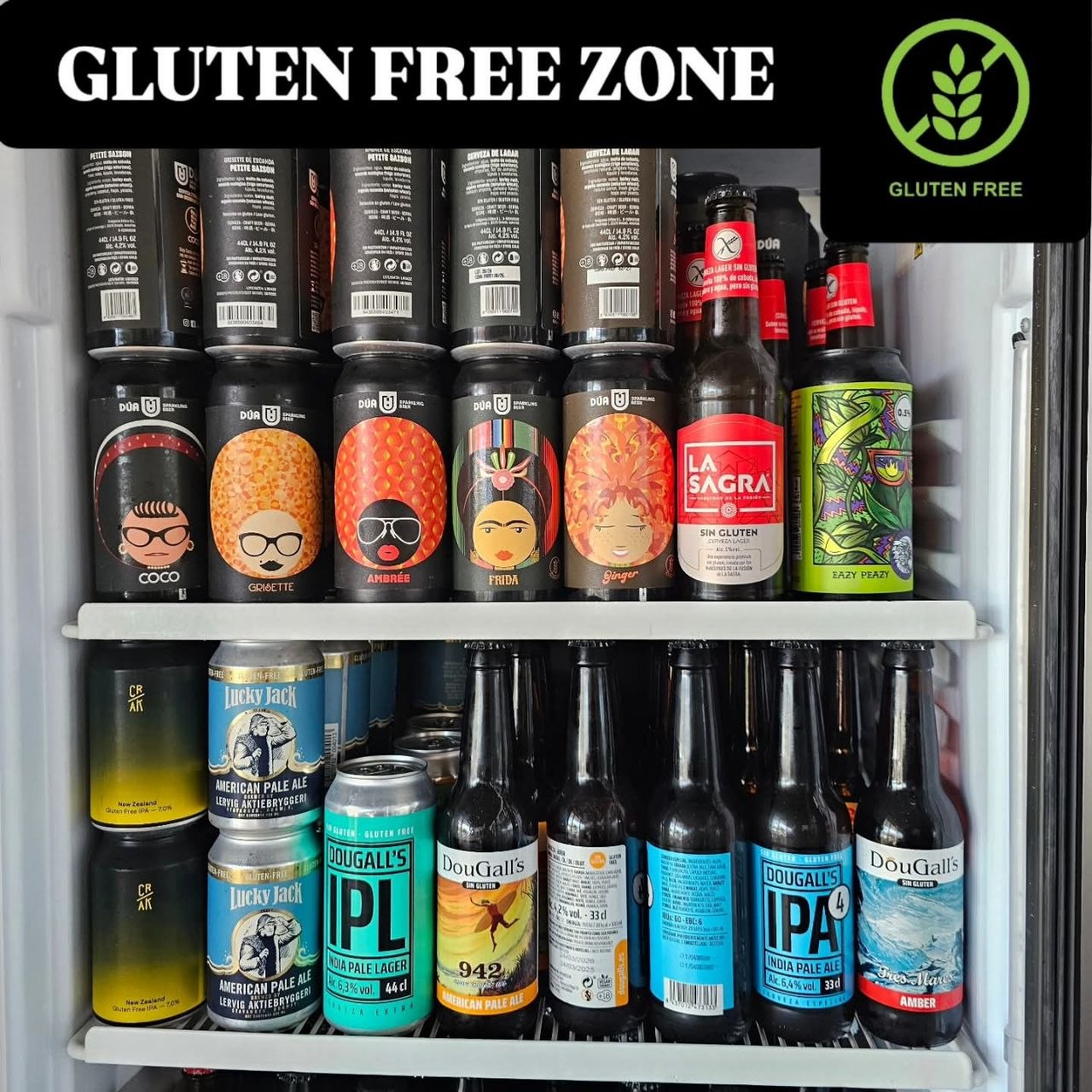 Nevera con cervezas sin alcohol, gluten-free e IPAs en Rock N Hopz